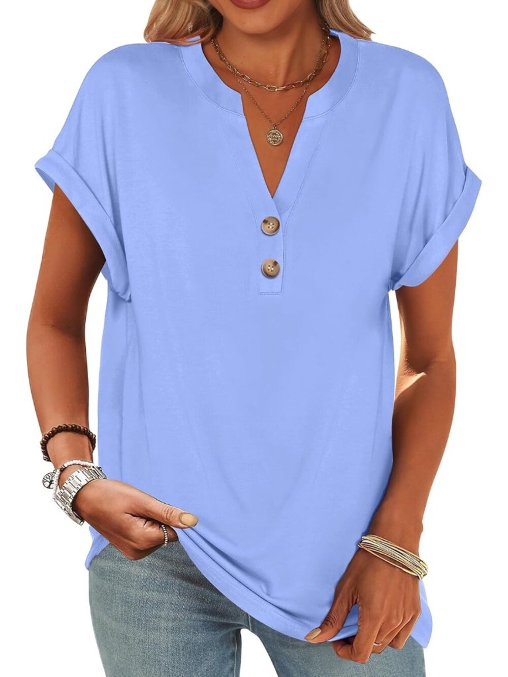 Women's Blue Summer Short Sleeves Henley V Neck Comfortable Trendy Tee Shirts